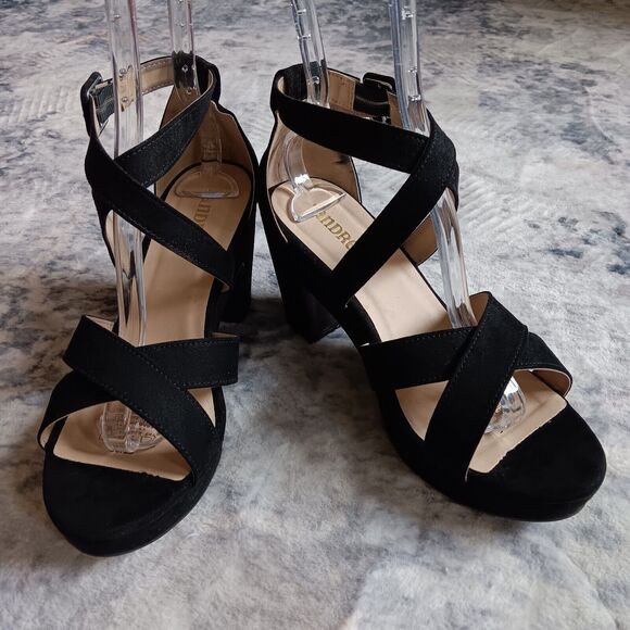 Andrea Black Faux Suede Strappy Platform Heels Size 10 - Picture 1 of 15